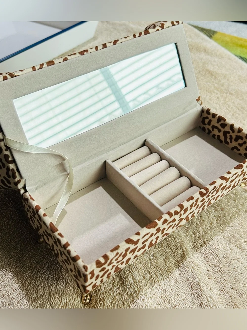 Leopard Print Jewelry Organizer Box with Mirror - Beige